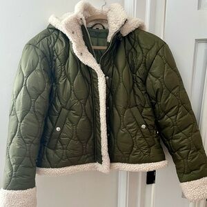Blank NYC Olive Green Quilted Jacket with Cream Sherpa trim